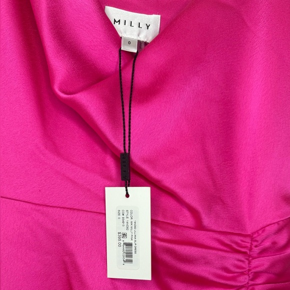 Milly NWT Lilliana Satin Ruched Side Slit Cowlneck Pink Midi Dress - Picture 4 of 8